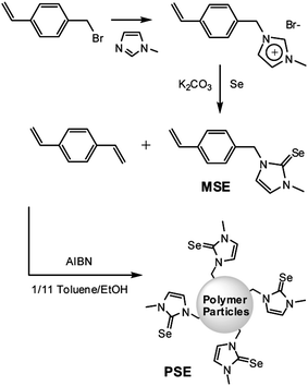 Synthesis of monomer (MSE) and polymer particles (PSE) having imidazoline-2-selenone moieties.