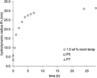 Nanogel formation over 24 h. The hydrodynamic radii of P5 and P7 are given for comparison.