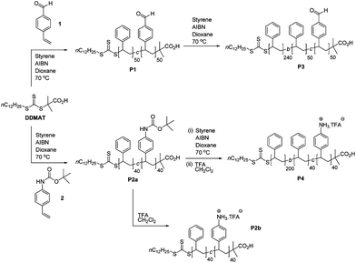 Synthetic route to aldehyde- and amine-functionalized styrenic diblock copolymers P1–P4.