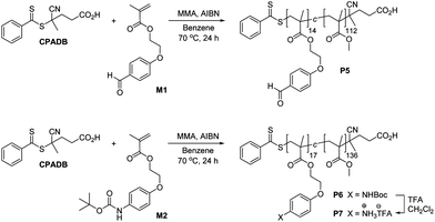 Synthesis of aldehyde and amine functionalized copolymers P5–P7.