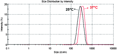 Comparison of the size distribution curves of poly-6-MOEG-9-TM-BF3k recorded at 25 and 37 °C by DLS (sample concentration 0.1 mg mL−1).