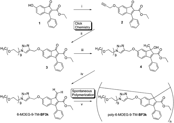 Grafting through approach used in the synthesis of molecular brush poly-6-MOEG-9-TM-BF3k. Reagents: (i) propargyl bromide, K2CO3, NaI, DMF; (ii, Click Chemistry) CH3(OCH2CH2)9N3, Cu(PPh3)3Br, DIPEA, THF; (iii) Al(CH3)3, CH2Cl2; (iv) PTSA, CHCl3; (v, Spontaneous Polymerization) solvent elimination.