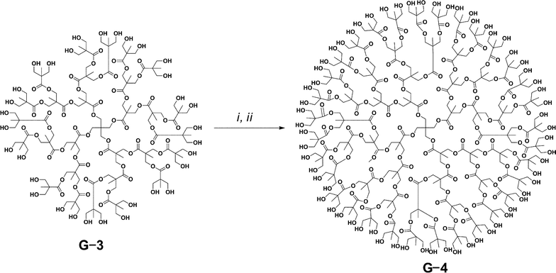 Synthesis of bis-MPA generation-4 from G-3 using (i) benzylidene-2,2-bis(oxymethyl)propionic anhydride, N,N-dimethylaminopyridine, pyridine: tetrahydrofuran (1 : 4) at room temperature; (ii) Pd/C (10%), H2 (50 psi) and ethyl actetate: methanol (1 : 2).