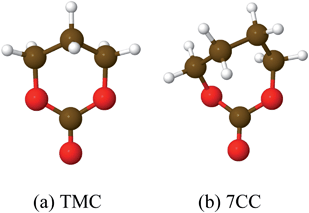 Optimized structures of trimethylene (TMC) and tetramethylene (7CC) carbonates.