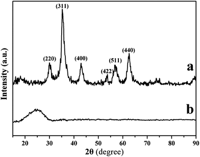 XRD patterns of (a) Fe3O4 nanoclusters and (b) PPy nanoclusters.