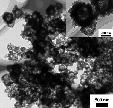 TEM image of hollow PPy nanocapsules prepared by the hard-template method. The inset showed the corresponding magnified image.