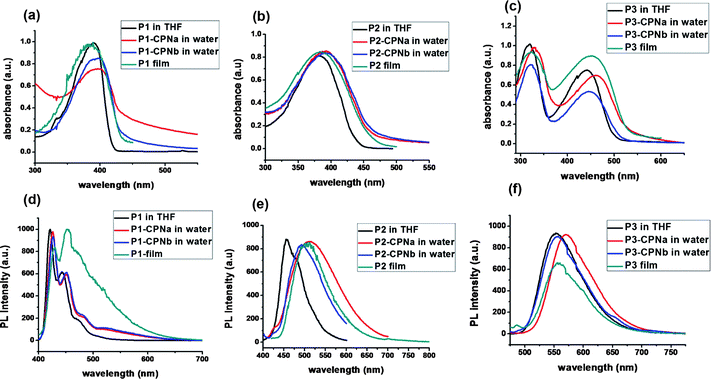 UV–vis absorption spectra of P1–P3 in THF, as films and as dispersions of the nanoparticles in water (P1-CPNa, P2-CPNa, P3-CPNa, P1-CPNb, P2-CPNb and P3-CPNb) (a, b, c) and the emission spectra of P1–P3 in THF, as films and as dispersions of the nanoparticles in water (P1-CPNa, P2-CPNa, P3-CPNa, P1-CPNb, P2-CPNb and P3-CPNb) (d, e, f).