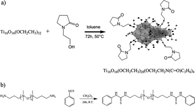 Synthesis of Ti16–pyrrolidone (a) and thiourea terminated PDMS (PDMS1 and PDMS2) (b).