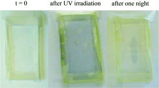 Photochromic behaviour of the hybrid supramolecular network HSN1. Left: initial sample; middle: sample right after UV irradiation; right: sample one night after UV irradiation.