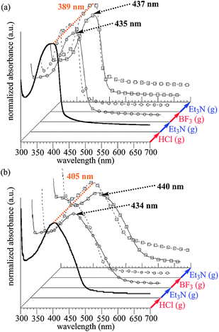 Reversible change of absorption spectra through treatment with acid and base vapors. (a) PP film. (b) PTP film.