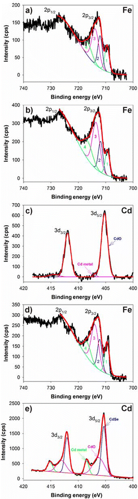 
            XPS spectra of FePt (A), FePt@CdOx (B) and FePt@CdSe260 (C) NPs. (a), (b) and (d) are Fe 2p spectra for A, B and C, respectively. (c) and (e) are Cd 3d spectra for B and C, respectively.