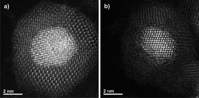 
            HAADF-STEM images of two different single NPs in the FePt@CdSe260 sample. Core size and shell thickness are estimated to be (a) 4.6 nm and 2.3 nm, and (b) 4.1 nm and 2.1 nm, respectively.