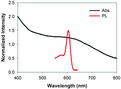 
            UV/Vis and fluorescence (excitation wavelength = 400 nm) spectra of FePt@CdSe260 NPs.