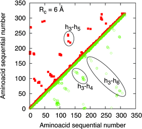 Contact maps of human OR 17-40 for Rc= 6 Å. The data of the native state is reported on the left side of the diagonal (full red squares), the data of the active state is reported on the right side of the diagonal (green open squares). The ellipses signal the main differences between the native and active state which are attributed to the transmembrane helices h3-h4-h6.