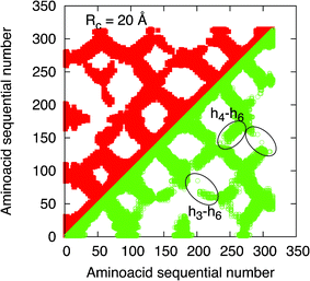 Contact maps of OR 17-40 for Rc= 20 Å. The data of the native state are reported on the left side of the diagonal (red full squares), the data of the active state is reported on the right side of the diagonal (green open squares). The ellipses signal the main differences between the native and active states which are attributed to the transmembrane helices h3-h4-h6.