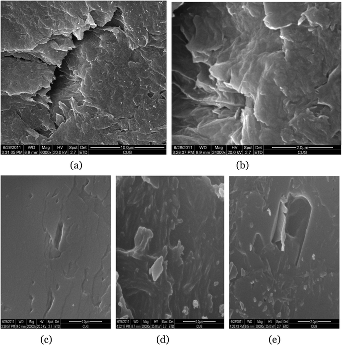 
          SEM images of GO at low-solution (a) and high-solution (b); image of 1% GO/PSA (c); image of 2% GO/PSA (d); image of 4% GO/PSA (e).