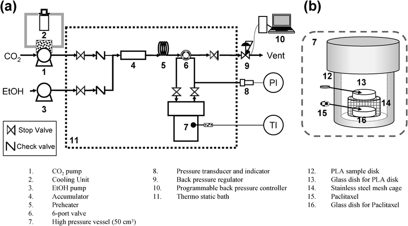 (a) Schematic diagram of apparatus for impregnation of PT in PDLLA. (b) Close-up of the high pressure vessel.