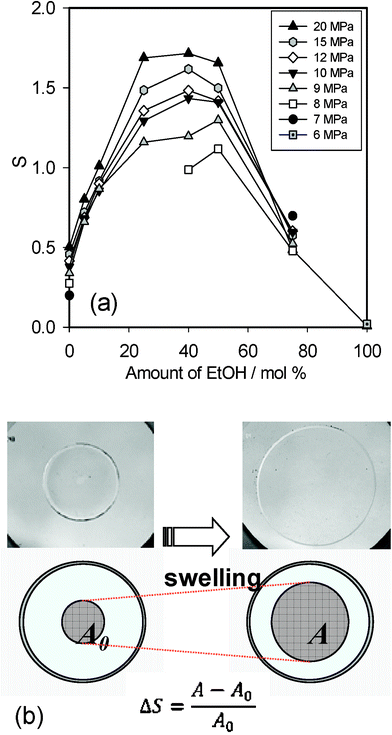 (a) Profiles of PDLLA swelling degree (ΔS) in EtOH–CO2 mixtures at 313 K, 6–20 MPa. (b) Typical appearance of PDLLA before and after swelling with 50 mol% of EtOH at 12 MPa.