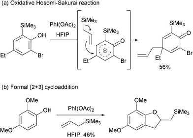 Known reactions of substituted phenols with allyltrimethylsilane in the presence of iodobenzene diacetate.