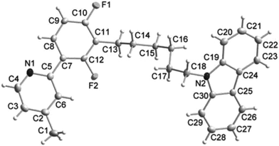 ORTEP diagram of L. Selected bond lengths (Å) and bond angles (°); C10–C11 1.381(2), C11–C13 1.505(2), C18–N2 1.453(2), C19–N2 1.388(2), C5–C7–C8 119.54(15), C10–C11–C12 114.92(15), C10–C11–C13 122.99(16), C18–N2–C19 126.84(14), N2–C19–C20 129.16(16).