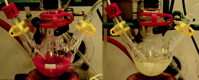 The mixture of DBU and glycerol with Nile red, (A) before and (B) after CO2 was bubbled through the liquid until there was no weight increase.