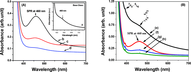 
          Absorption spectra of glasses (A) without and (B) with Eu2O3 contained glasses. For composition, see Table 1.