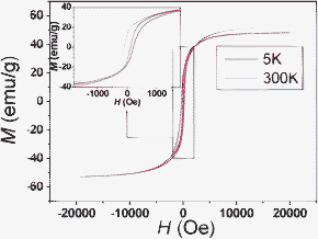 Magnetic hysteresis loops of Co microparticle chain networks on Ni thin layer at 5 and 300 K (the inset is the magnified hysteresis curves among −2000 ∼+ 2000 Oe).