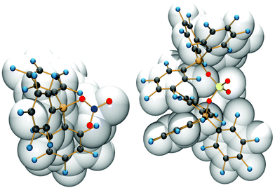 Molecular structure of [NO3·B(C6F5)3]− (left) and [SO4·2 B(C6F5)3]2− (right), as superposition of ball-and-stick and space-filling models. Color code: boron bronze, carbon dark grey, nitrogen blue, fluorine steel blue, sulphur yellow.