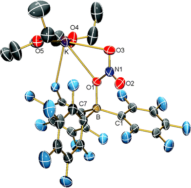 ORTEP drawing of the asymmetric unit of [K(Et2O)2]+[NO3·B(C6F5)3]− in the crystal. Thermal ellipsoids with 50% probability at 173 K. Selected bond lengths (Å) and angles (°): N1–O1 1.340(1), N1–O2 1.206(2), N1–O3 1.229(2), O1–B 1.557(2), O1–K 3.068(1), O3–K 2.889(1), B–C1 1.631(2), B–C7 1.640(2), B–C13 1.632(2); O2–N1–O3 125.6(1), O2–N1–O1 121.1(1), O3–N1–O1 113.3(1), N1–O1–B 117.9(9), N1–O1–K 90.51(6), B–O1–K 139.35(7), O1–B–C1 105.68(9), O1–B–C13 111.6(1), C1–B–C13 116.2(1), O1–B–C7 102.49(9), C1–B–C7 115.0(1), C13–B–C7 105.07(9); O2–N1–O1–B 4.2(2), O3–N1–O1–B 176.8(1), N1–O1–B–C1 55.2(1),N1–O1–B–C7 176.0(1),N1–O1–B–C13 72.1(1).