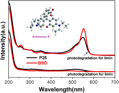 
            UV-vis curves of degradation of RhB over the BSO and P25 TiO2 at the same time interval.