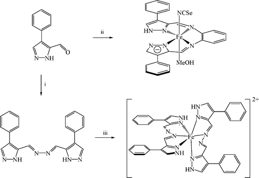 Synthesis of ligand H2L1 and mononuclear complex [FeII(H2L1)2](BF4)2·solvents, and of the mononuclear complex of HL2, [FeII(HL2)(MeOH)(NCSe)]·H2O; i. N2H4·H2O, MeOH reflux; ii. ½ o-phenylendiamine, [FeII(Py)4(SeCN)2], MeOH; iii. ½ FeII(BF4)2·6H2O, MeNO2.