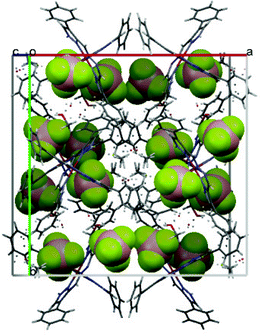 Unit cell of complex [FeII(H2L1)2](BF4)2·¼(Et2O)·¼(H2O)·MeOH showing the BF4 anions (spacefill) accommodated between complex cations, maximising the H-bond interactions.