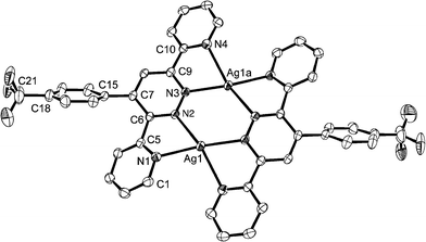 
          Ref. 89. Molecular structure of the [Ag2(185)2]2+ cation in [Ag2(185)2]-[BF4]2·2.6MeCN.