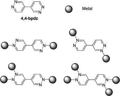 Coordination patterns of 4,4-bpdz either as bi-, tri or tetraconnected module.