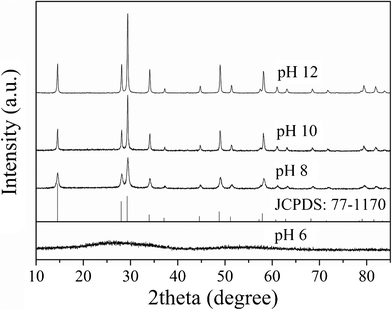 
            XRD patterns of the samples prepared at 200 °C for 48 h under different pH values.