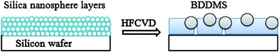 Steps in BDDMS fabrication: (1) a piece of silicon wafer was covered with layers of silica nanospheres;(2) during the HFCVD process, the BDDMS were obtained in the silica matrix.