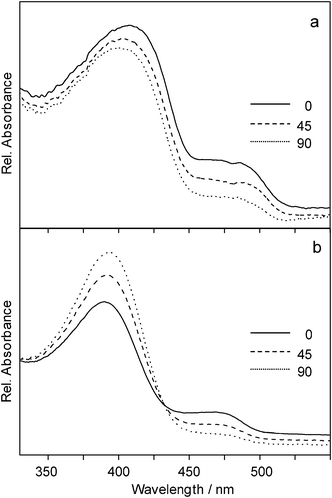 Polarized optical absorption spectra of poly(didodecylstannane-ran-diphenylstannane) oriented by shearing on a glass slide at room temperature (a) and by drawing of a blend with UHMWPE (b). Note that for orientation by shearing the absorption at 0° is higher for both signals, whereas in the drawing experiments the absorption around 400 nm is higher at 90°.