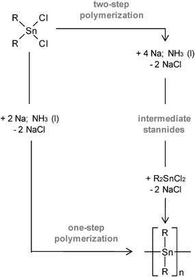 Schematic of two pathways towards poly(diorganostannane)s by reaction of dichlorodiorganostannanes with sodium in liquid ammonia.