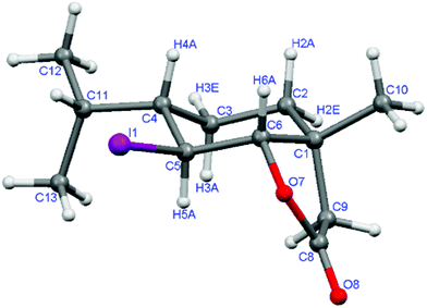 One of two crystallographically unrelated molecules of the crystal structure of iodolactone 4c.