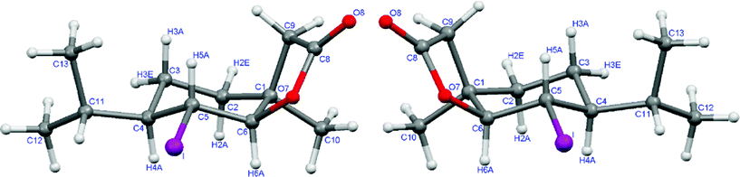 The crystal structures of iodolactones 4a (left) and 4b (right).