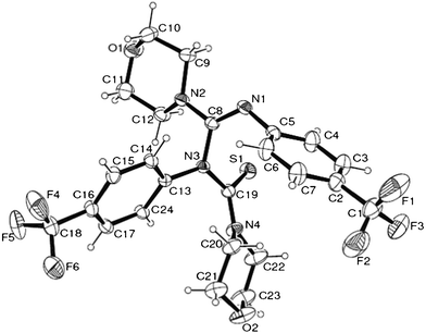 ORTEP views of N-((E)-(4-(trifluoromethyl)phenylimino) (morpholino)methyl)-N-(4-(trifluoromethyl)phenyl)morpholine-4-carbothioamide (11).