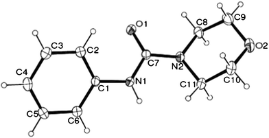 ORTEP view of morpholine-4-carboxylic acid phenylamide (14a)