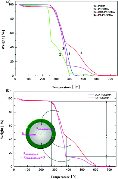 TGA curves of the samples at each step including pure PMMA, after adding EGDMA and GMA, after adding ODA, final PA–PEGDMA (a) and illustration of how to estimate the coating thickness of PANI on the analysis of weight loss (b).