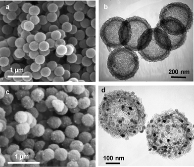 
            SEM images (a, c) and TEM images (b, d) of mesoporous carbon capsules, HC (a and b) and magnetic carbon capsules, MHC (c and d).