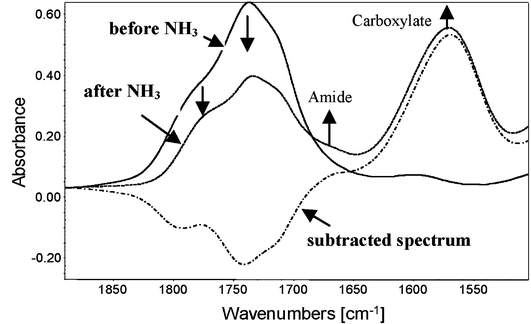 Subtracted spectra of photooxidized PVA (5000 h) (compared to non-irradiated PVA) before and after NH3 treatment and the subtracted spectra (after—before NH3 treatment).