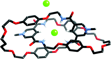 The crystal structure of [2]catenane 112+(Cl−)2. Hydrogen atoms (except for those involved in hydrogen bonding to the chloride anion) have been omitted.