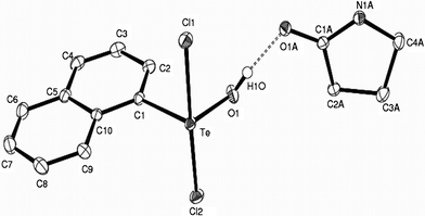 Molecular structure of 1 showing 50% probability displacement ellipsoids and the atom numbering scheme. Hydrogen atoms are omitted for clarity. Selected bond distances (Å) and angles (°): Te–C1 2.117(13), Te–Cl1 2.546(4), Te–Cl2 2.462(4), Te–O1 1.884(12), O1–H1O 0.85(3), O1–Te–C1 94.42(5), Cl1–Te–Cl2 176.68(1), Cl1–Te–C1 89.23(4), Cl1–Te–O1 89.51(4), Cl2–Te–C1 89.90 (4),Cl2–Te–O1 87.36(4).