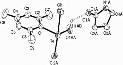 Molecular structure of 2 showing 20% probability displacement ellipsoids and the atom numbering scheme. Hydrogen atoms are omitted for clarity. Selected bond distances (Å) and angles (°): Te–C1 2.101(3), Te–Cl1 2.490(1), Te–Cl2A 2.520(1), Te–O1AA 1.814(4), O1AA–H1AB 0.82, O1AA–Te–C1 108.80(14), Cl1–Te–Cl2A 175.91(4), Cl1–Te–C1 89.05(7), Cl1–Te–O1AA 94.23(12), Cl2A–Te–C1 87.32 (7), Cl2A–Te–O1AA 85.16(12).