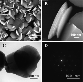 A typical FESEM image of Zn nanodiscs; B. A high magnification side-view of a twinned Zn nanodisc; C. A TEM image of Zn nanodiscs; D. The SAED pattern of Zn nanodiscs.