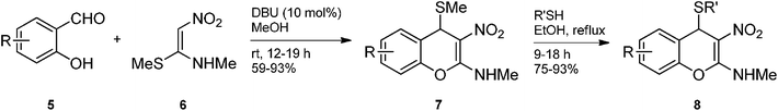 Synthesis of 2-methylamino-3-nitro-4-alkylsulfanyl 4H-chromenes 7 and 8